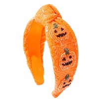 Desain Baru Bando Halloween Berhiaskan Biji Labu dan Manik-manik dengan Simpul, Bando Pesta dengan Payet Berkilau untuk Anak Perempuan, Aksesori Rambut untuk Liburan.