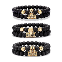ZF Lot de 2 bracelets classiques extensibles en pierre naturelle noire pour homme, style punk, avec breloques zircon CZ, boule, crâne et lion, ensemble de bijoux