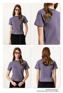 Summer American Style Fog Long <b>Staple</b> Cotton Neck Women's Casual Sports Short Sleeved Slimming Yarn Dyed Knitted T-Shirt - Product Image 3