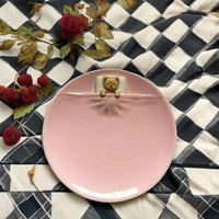 Assiette de table en porcelaine fine bleue et rose, motif ours de dessin animé, écologique, avec couvercle, vaisselle mignonne