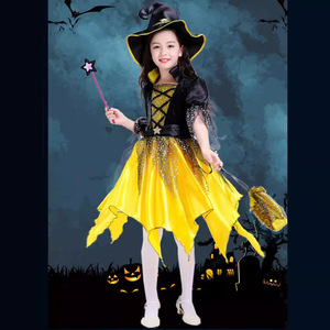 Disfraz de bruja para niños, vestido amarillo de cosplay con sombrero y varita para fiesta de Halloween, edad de 8 a 13 años - Product Image 2