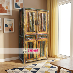 Armoire vintage en bois massif de style rustique avec des lignes verticales, en lin, fabriquée à la main, à bas prix, 4 portes et 2 tiroirs, meubles indiens pour la maison - Product Image 2