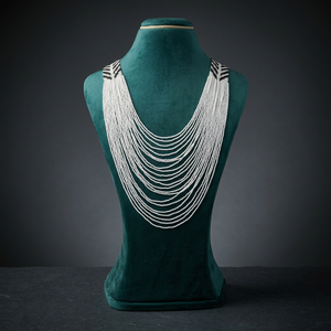 Sstringz White Multi-Strand Seed Bead <b>Statement</b> <b>Necklace</b> with Black Geometric Accents Handmade Tribal Boho Layered Bib Jewelry - Product Image 6