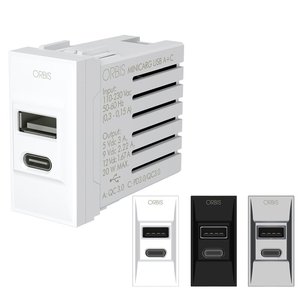 OB140622 Orbis MINICARG USB A+C Alimentatore USB A + USB C integrato, 5VDC - 3A Max, con interruttore intercambiabile BIANCO - Product Image 1