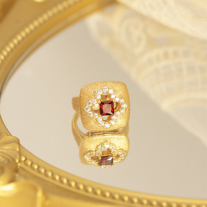 Anillo Retro Italiano con Gema Pulida, Rubí Leb con Círculo Floral, Circonita 5A, Chapado en Oro de 18K, Plata 925, Regalo de Lujo para Socialité - Product Image 3