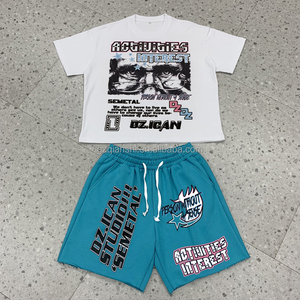 ชุดเซ็ตเสื้อยืดแขนสั้นผ้าฝ้ายวินเทจปักลายสไตล์ย้อนยุคแบบทำสีซีด 2 ชิ้น สำหรับฤดูร้อน พร้อมกางเกงขาสั้นสำหรับผู้ชาย - Product Image 1