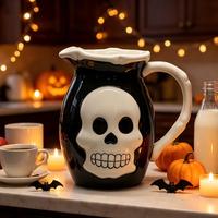 Bouilloire en céramique fantôme d'Halloween pour lait et thé, carafe noire en forme de crâne pour boissons de fête, pot décoratif de table en porcelaine