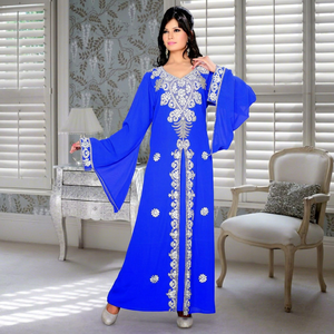 AWAIS HOUSE Women's Royal Blue <b>Chiffon</b> Floor-Length V-Neck Embroidered Modest Evening Dress Long Sleeve A-Line Natural - Product Image 1