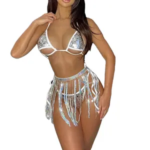 Swimwear custom sexy exotic glitter bikini set with three piece for 2024 summer