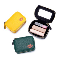 Kotak Lipstik Nasional Kulit Asli dengan Ritsleting, Tas Kosmetik Mini Portabel Ukuran Kecil, Kantong Lipstik Tiga-in-Satu Bergaya untuk Wanita