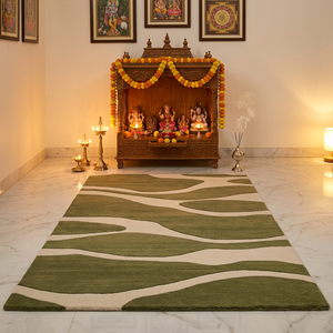 Tapis de salon classique géométrique vert en mélange laine/coton tissé à la main, à poils coupés, antidérapant, écologique et résistant aux taches - Product Image 3