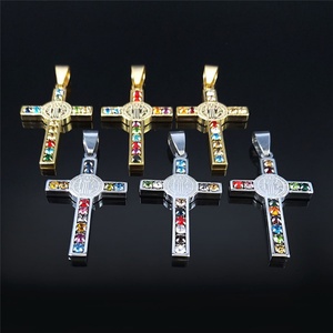 St.Benedict <b>Cross</b> Necklace for Men Hip Hop Colored Zircon Jewelry Silver Gold Waterproof Stainless Steel Necklaces - Product Image 3