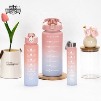 Vente en gros 2L/900ml/500ml Grande capacité Tasse à paille Couleur dégradée Gobelets en plastique avec marqueur de temps Bouteille de sport de fitness en plein air