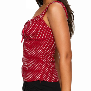 Top de Tirantes Rojo Casual de Primavera/Verano de Alta Calidad Personalizado con Detalle de Lazo, Cuello Cuadrado, Busto Fruncido y Ribete de Satén para Mujer - Product Image 3