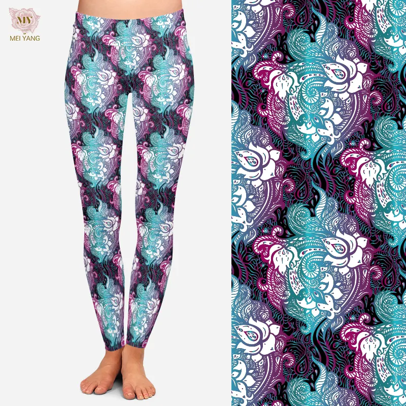 Op Maat Gemaakte Elegante Handgetekende Damesbroek Yoga Fitness Gym Sportlegging Paisley Bedrukte Serie Leggings