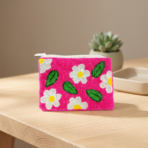 Handmade Embroidered Floral Zipper Pouch Custom Logo Beads Promotional <b>Pink</b> Coin Purse Square Cotton Fashion Daily Use Jaunty - Product Image 2