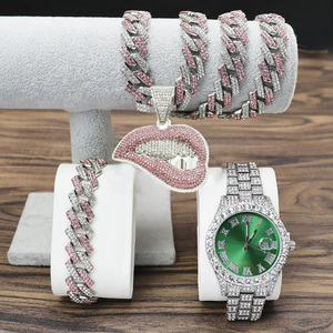Ensemble de montres hip-hop pour hommes avec pendentif en forme de lèvre rose parure de bijoux Iced Out Watch coffret cadeau Cuban Link Chain reloj - Product Image 2