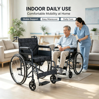 Fauteuil roulant pliable avec accoudoirs rembourrés en tissu 600D, roulettes avant, repose-pieds et frein à main pour les soins à domicile et en milieu hospitalier