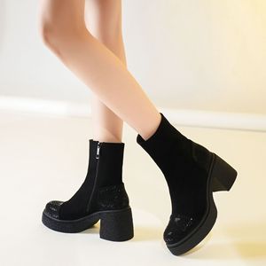 Y91259 Women Ankle Boots Chunky <b>Heel</b> <b>Round</b> <b>Toe</b> Rhinestones Fashion Autumn Winter Anti Slippery Microfiber Solid Color - Product Image 4