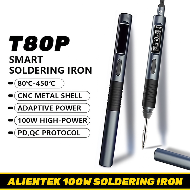 ALIENTEK T80P Smart Soldering Iron 100W Type-C PD/QC Fast Charge OLED 80-450℃ 14mm Slim 42.8g for PCB Repair DIY Drone