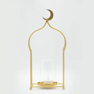 Charol musulmán para decoración festiva, portavelas de hierro dorado para Ramadán, linterna