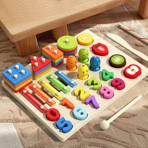 Jouet d'activités en bois 5-en-1 Montessori pour l'apprentissage éducatif, cadeau de 1er anniversaire pour bébé, planche à empiler - Product Image 2