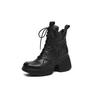Meilleures ventes : Bottes mi-mollet décontractées en cuir de vachette pleine fleur, couleur unie, style rétro, avec ceinture décorative, imperméables, antidérapantes, à talon épais et confortable - Product Image 1