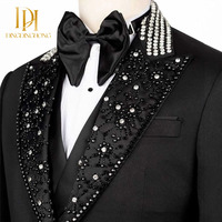 Costume trois pièces perlé slim avec strass pour homme Veste plate avec fermeture éclair et braguette sur le devant Pantalon en tissu usé