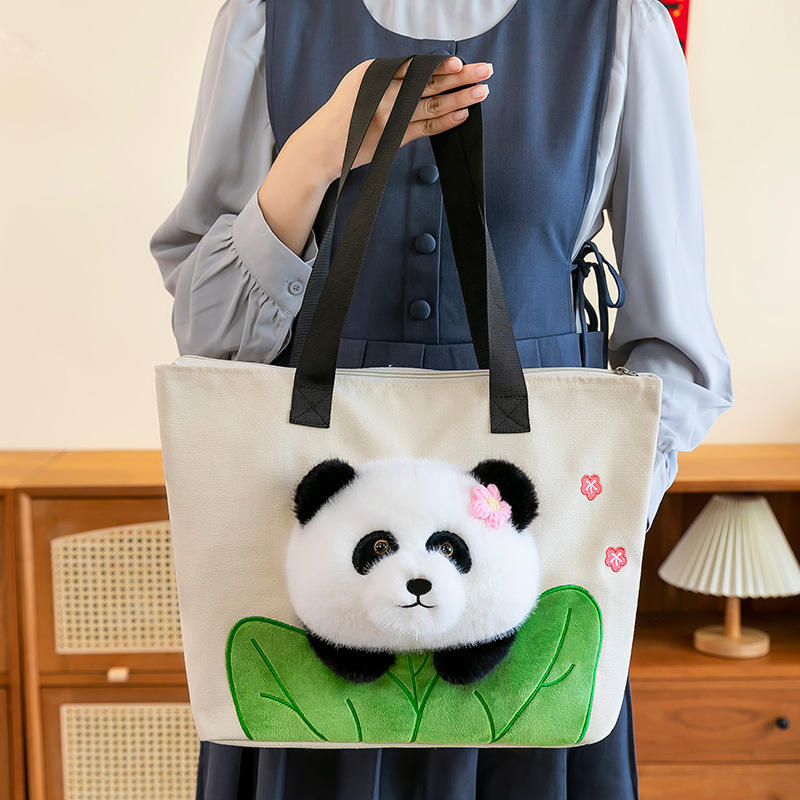 OEM Casual Panda Tote Handbag Fluffy Cute Canvas Shoulder Bag with Zipper Closure