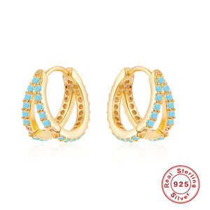 Pendientes de Plata de Ley S925 con Doble Hilera de Diamantes, Turquesa y Circonita, Pendientes de Moda para Mujer - Product Image 1