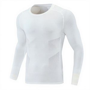 Unisex <b>White</b> Printed Lightweight <b>Long</b> Sleeve Crew Neck Breathable Mesh Sport Shirt Skinny Fit Polyester Summer Athletic Front - Product Image 1