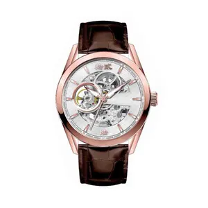 Rose Gold Hülle luxus braune Lederaufhängungsuhr automatische individuelle Herrenuhren mit Logo mechanische Uhr