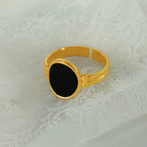 European Style <b>Titanium</b> Steel <b>Ring</b> Gold Black Water Drop Shape Bezel Setting Open Adjustable Unisex Jewelry Gift - Product Image 4