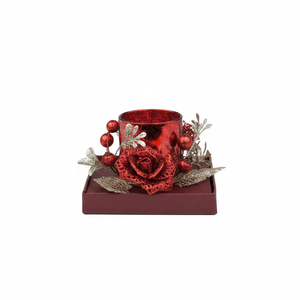 Portacandele in vetro rosso con decorazioni di rose e bacche, diametro 65 mm, altezza 75 mm - Product Image 2