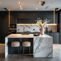 Îlot de cuisine moderne et minimaliste sur mesure en panneau mélaminé avec comptoir en marbre, robinet inclus, pour la restauration, destiné aux promoteurs immobiliers