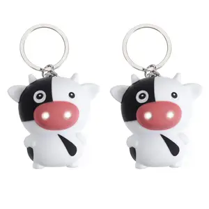 Cartoon Miniatuur Koe Beeldje Dieren Sleutelhanger Charme Geluid Led Sleutelhanger Zaklamp Voor Chinese Os Nieuwjaar Feest Gunsten