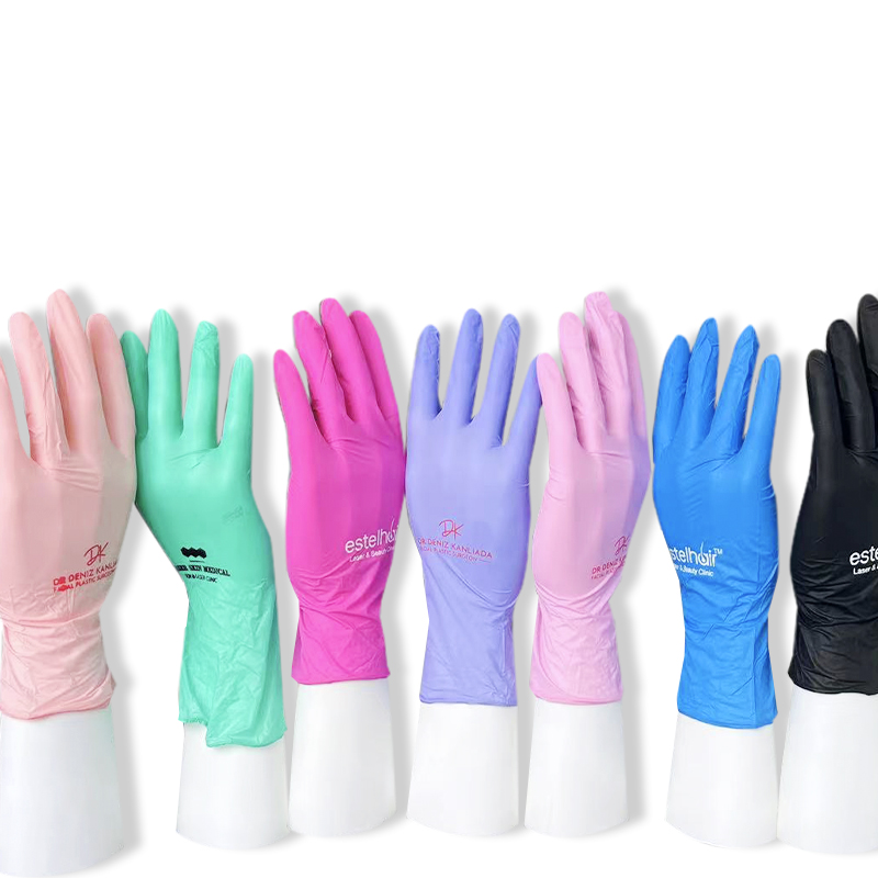 High End Tattoo Beauty Hair Salon Shop Purple Blue Black Pink Powder Free Disposable Nitrile Gloves With Printing 1 Color logo