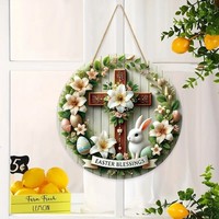 Panneau de porte de Pâques rond en bois du Vietnam | Plaque suspendue bénédictions de Pâques avec fleurs croisées et lapin