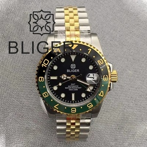 BLIGER 40mm GMT <span class=keywords><strong>Montre</strong></span> pour Hommes NH34 DG3804 Mouvement Deux Tons Or Jubilé Acier <span class=keywords><strong>Bracelet</strong></span> Boîtier Verre Saphir Cadran Noir Lumineux - Product Image 1