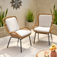 Chaise de patio d'extérieur avec coussins (lot de 2), fauteuil en corde avec structure en aluminium, ensemble bistrot pour jardin, bord de piscine, teck clair