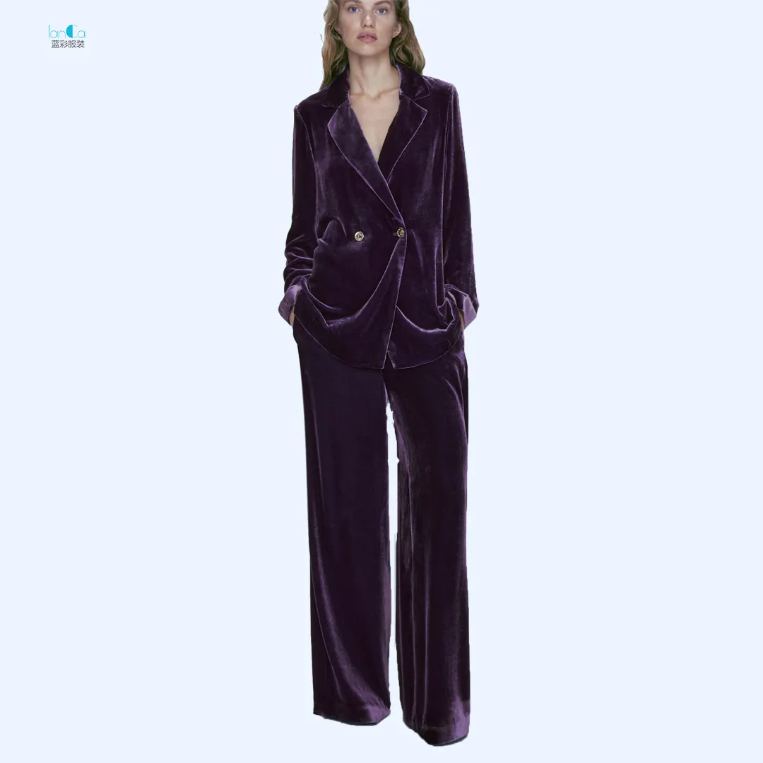Casual Velvet Purple Blazer And Long Pants Two Pieces Women Suit Women Fashion Jacket And Long Trouser Office Lady Style