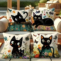 Housses de coussin Kongyu Home Textiles motif chat noir mignon, lot de 4, motif floral de jardin, pour les amoureux des animaux, décoration de canapé