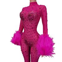 Sexy Rhinestone Plumes Bodycon Barboteuses Plus Size Singer Dancer Bodys Stripper Festival Vêtements Femmes Club Party Jumpsuits