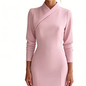 Robes longues crayon ajustées à manches longues de couleur unie pour femmes, tendance - Product Image 2