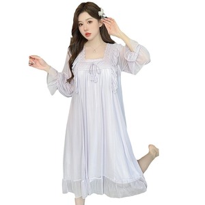 Pyjama chemise de nuit respirant longueur genou 2025 – Collection Printemps-Automne, couleur unie, col carré, style princesse, élastique, pour la maison - Product Image 5