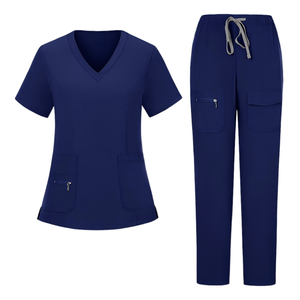 Women <b>Scrub</b> <b>Tops</b> Solid Color V Neck Short Sleeve Polyester Hospital Uniforms for Medical Workwear with Front Zip and Pockets - Product Image 1