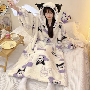 Mùa đông nóng bán dễ thương ấm cúng quá khổ trùm đầu mặc đồ ngủ Chăn với Hoodies lông cừu flannel áo choàng Phụ Nữ Nhà quần áo - Product Image 3