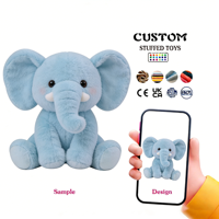 Peluche personnalisée en forme d'éléphant bleue. Jouet en peluche personnalisé avec design brodé, rembourrage en coton PP, vente directe d'usine
