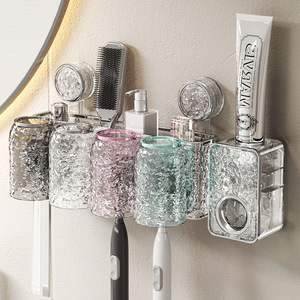 Suction Cup <b>Toothbrush</b> <b>Holder</b> <b>Wall</b> <b>Mounted</b> Transparent 4 Cup With Toothpaste Storage Bathroom Organizer No Drill Required - Product Image 1