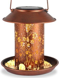 LiHang Solar Powered Iron Bird Feeder with <b>LED</b> <b>Lights</b> IP65 Waterproof AA Battery Included Garden Hanging Ornament - Product Image 1